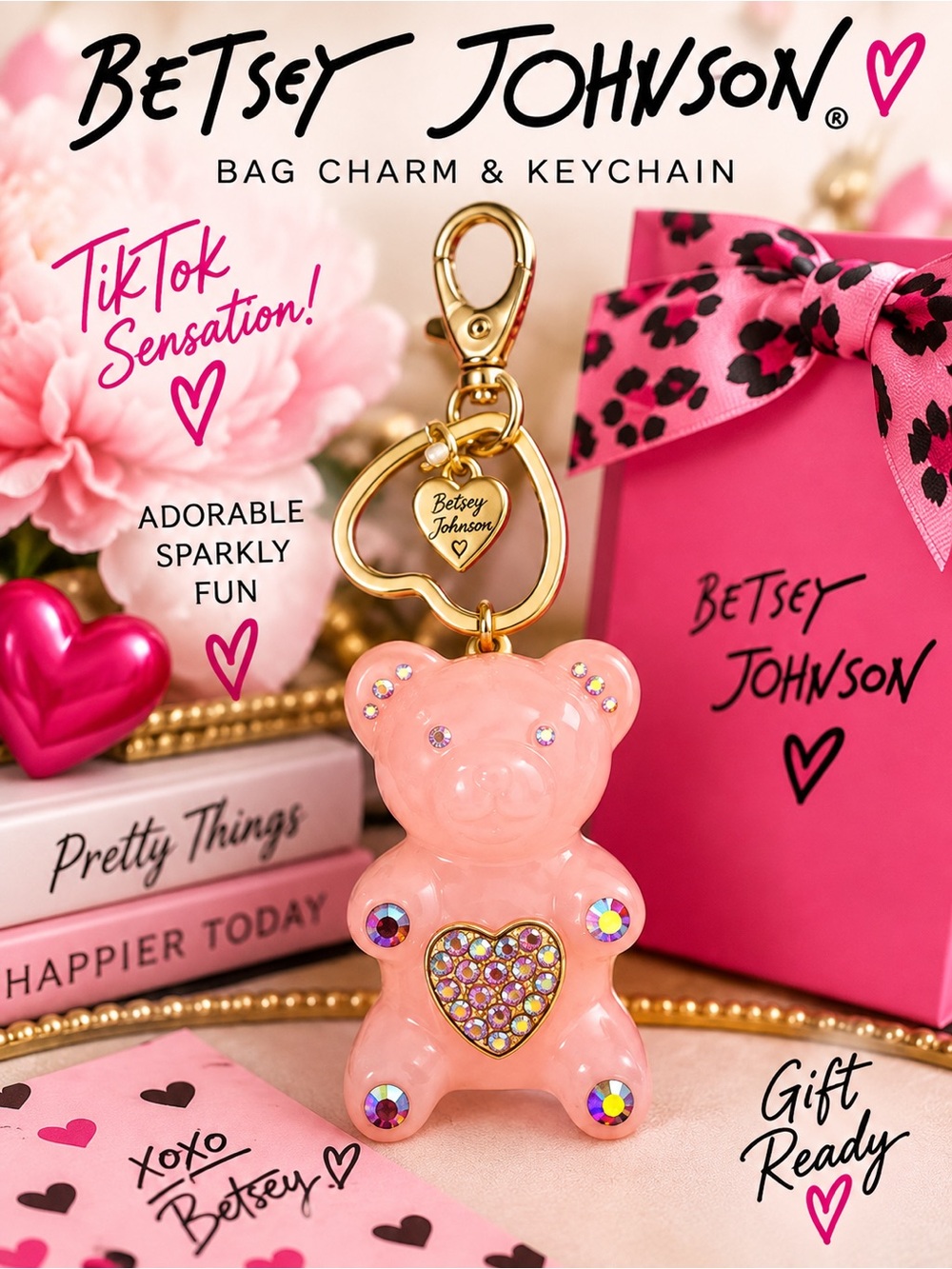 Betsy Johnson Gummy Bear Keychain & Handbag Charm - Rhinestone Heart! NEW